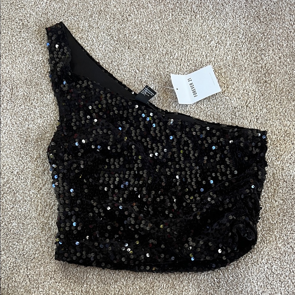 Forever 21 Black Sequin One-Shoulder Crop Top